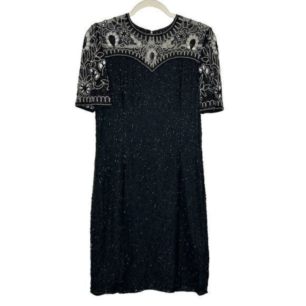 Brilliante Vintage Black Beaded Sequin Floral Shift Evening Dress Medium Silk